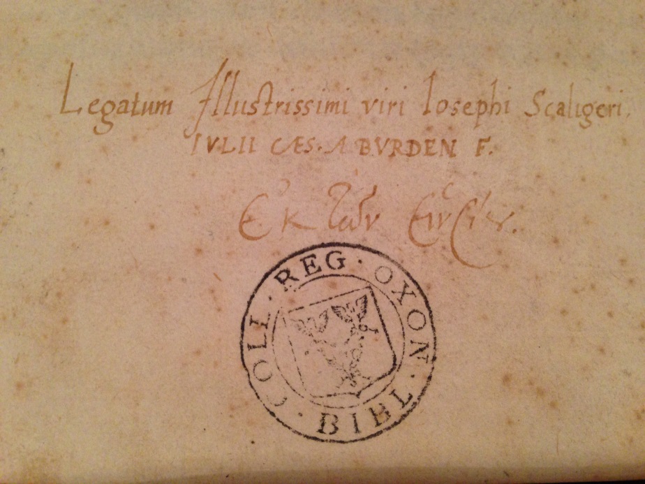 detail of library stamp and page inscribed 'Legatum Illustrissimi viri Iosephi Scaligeri'