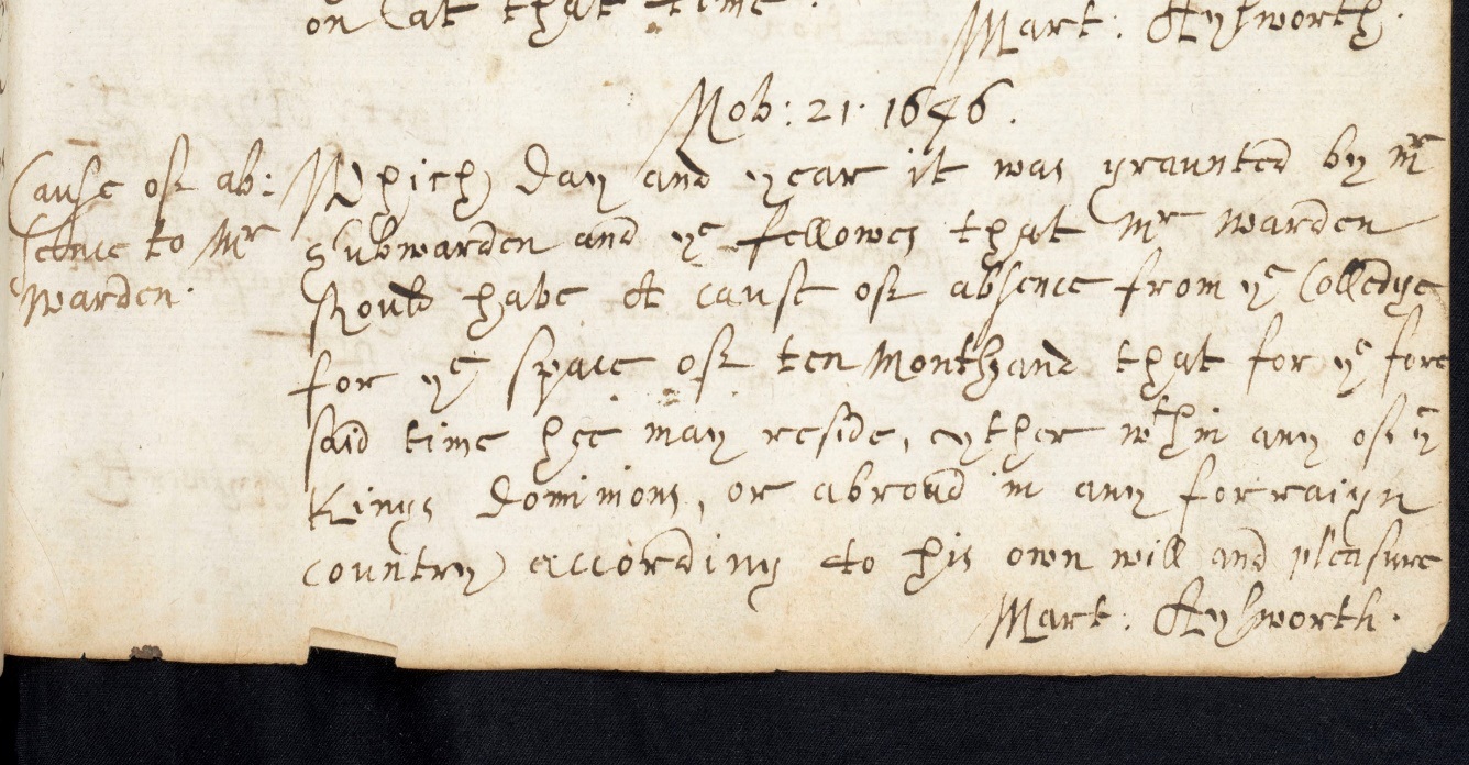 Acta manuscript entry: Nov. 21 1646, 'Cause of absence to Mr Warden'