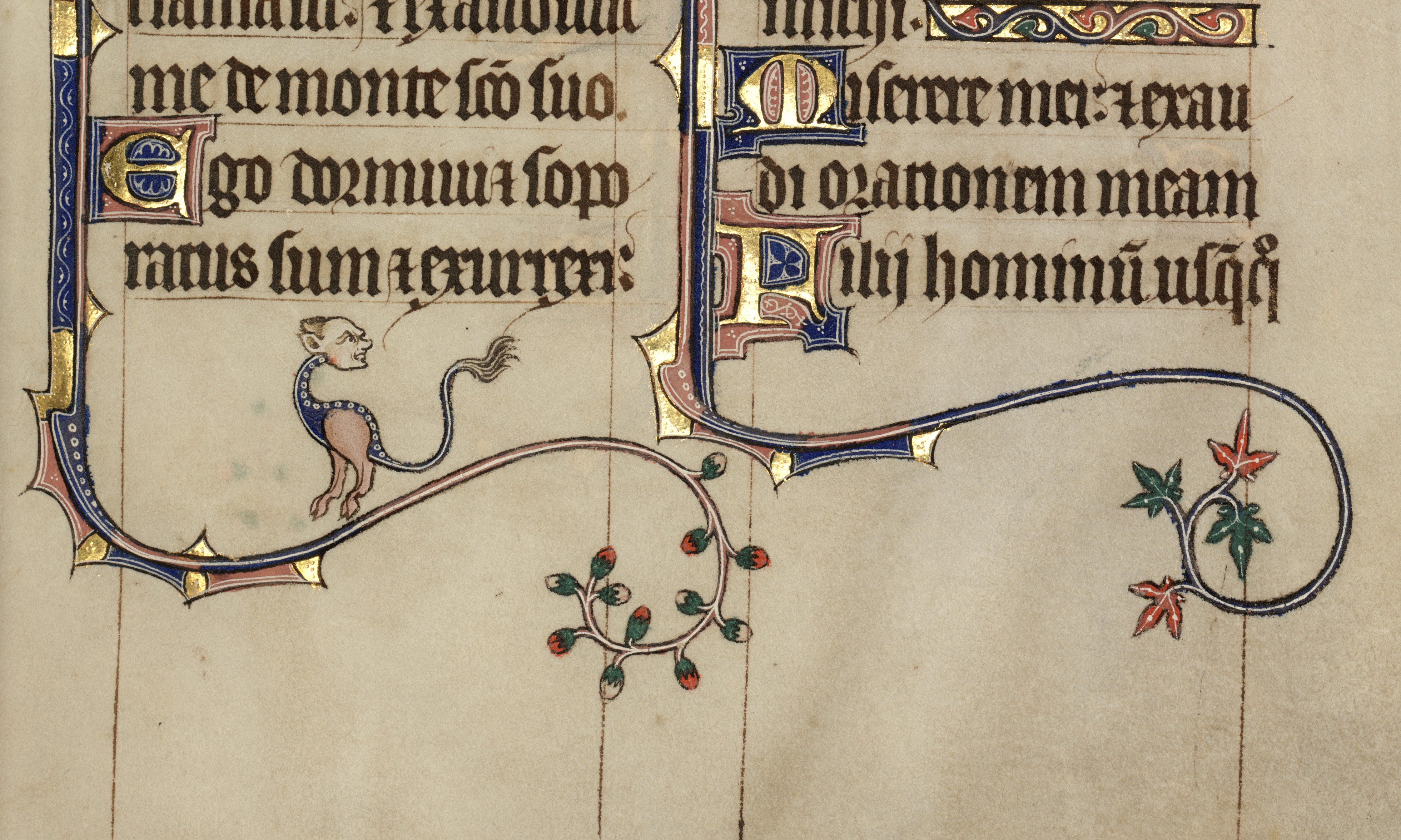 part of a manuscript page (MS 7, f.8 recto) with gilt red and blue decoration