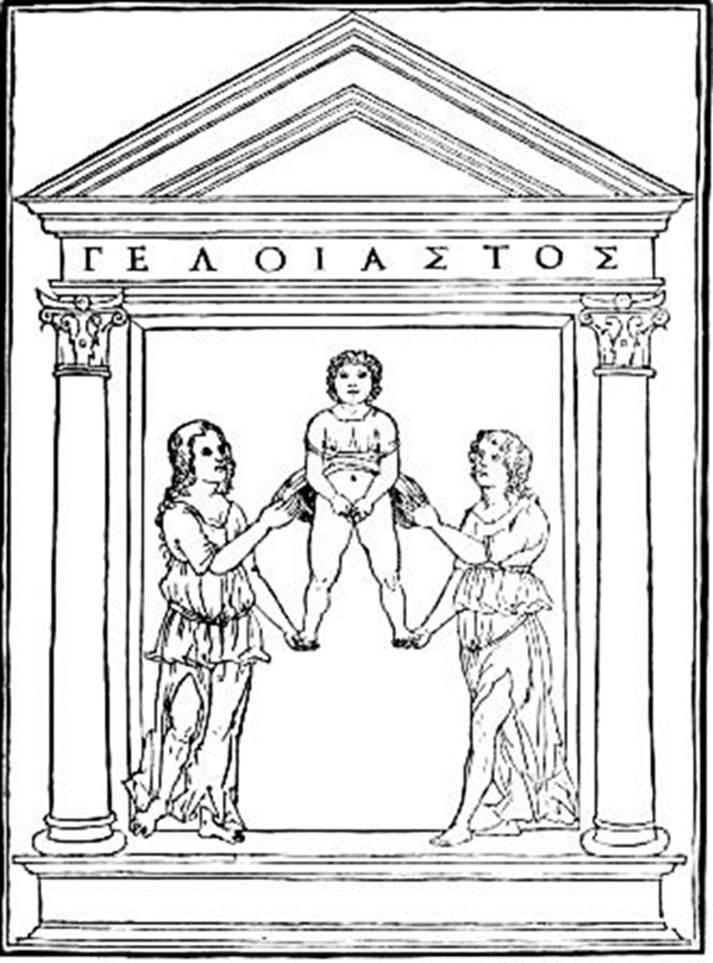 engraving of two women in a portico holding a boy aloft under Grecian portico with 'ΓΕΛΟΙΑΣΤΟΣ' inscribed over it