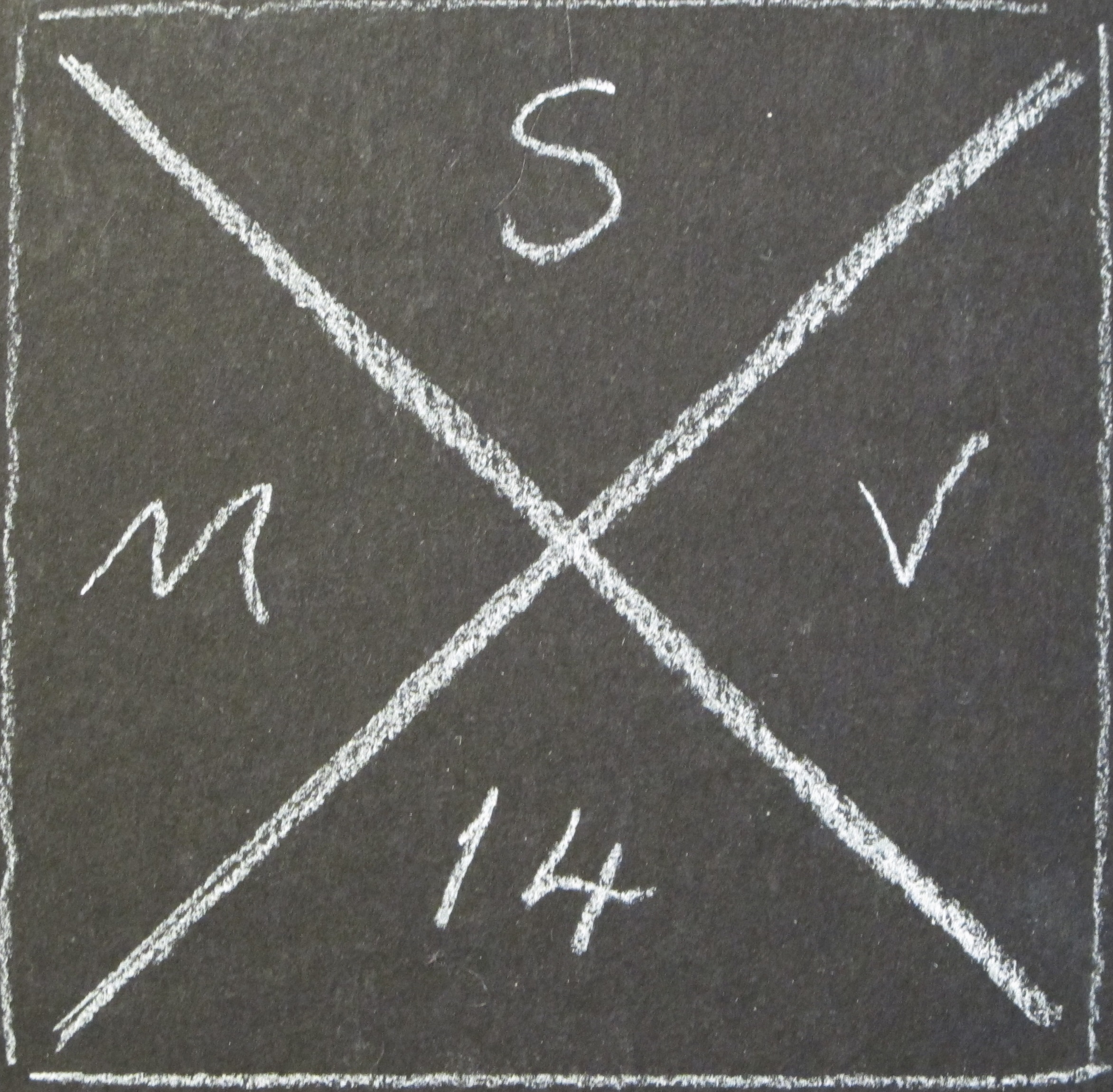 Chalk cross drawn on black tile, with letters S.M.V. and number 14