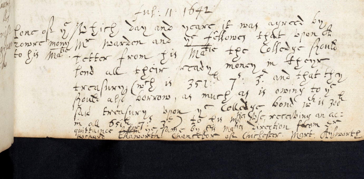 Acta manuscript entry: Jul 11 1642, 'Lone of yr tower money to his Majestie'