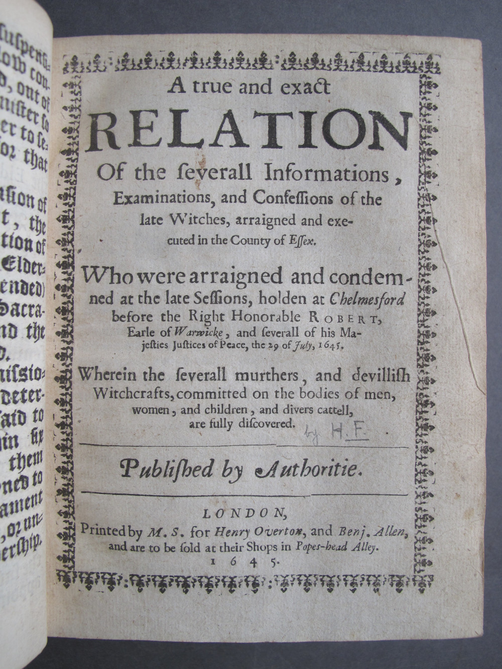 title page of A True and Exact Relation of the Severall Informations, Examinations, and Confessions of the Late Witches