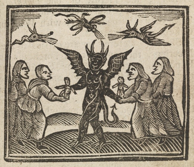 engraving of devil with wings, horn, and tail, exchanging poppets with four people